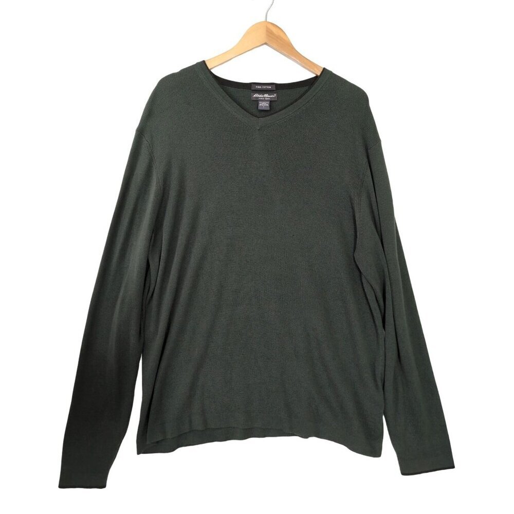 Eddie Bauer Sweater Mens L Green V-Neck Long Sleeve Cotton Casual Everyday
